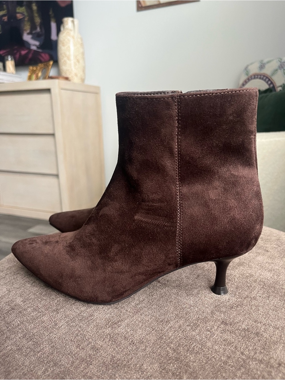 NWOT. Rachel Zoe Dark Brown Suede Pointed-Kittten Heel Ankle Boots
